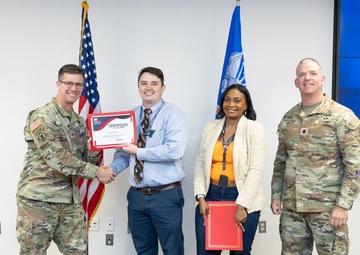 Col. Christopher Klein Presents Leadership Development Program Tier 1 Certificate to Engineer Mitch Lawrence, Joined by Advisors Vanessa Francis Gray and Lt. Col. Daniel Terbilcox