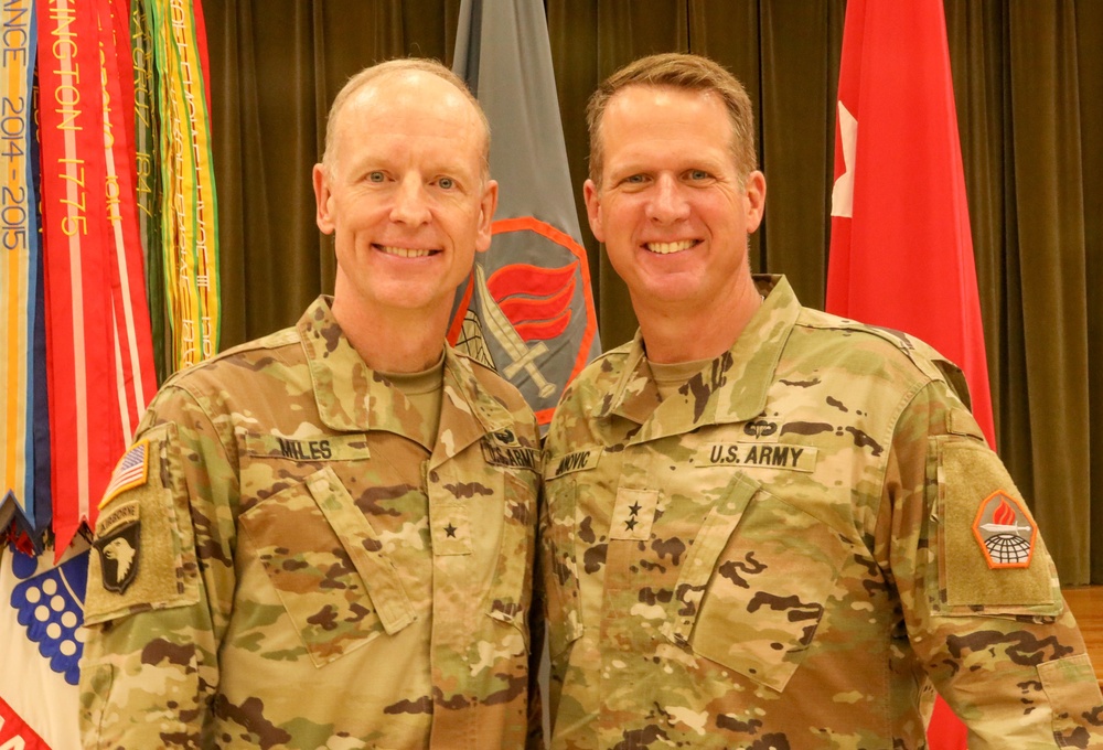 Maj. Gen. Ryan Janovic welcomed Brig. Gen. Mark Miles in a ceremony today