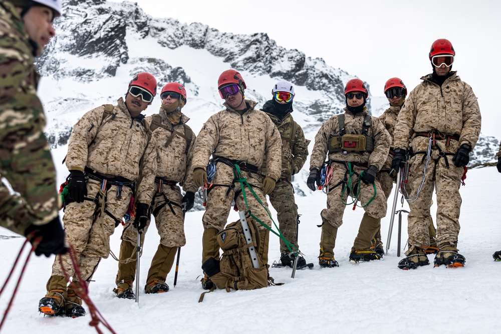 U.S. Marine Corps Mountain Warfare Instructors conduct cold-weather rescue training with Argentine marines