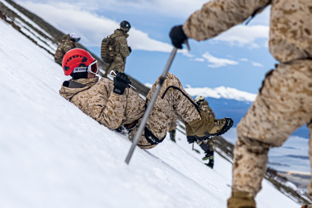 U.S. Marine Corps Mountain Warfare Instructors conduct cold-weather rescue training with Argentine marines