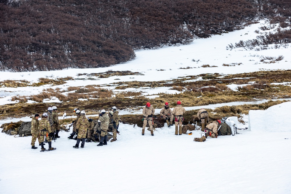 U.S. Marine Corps Mountain Warfare Instructors conduct cold-weather rescue training with Argentine marines