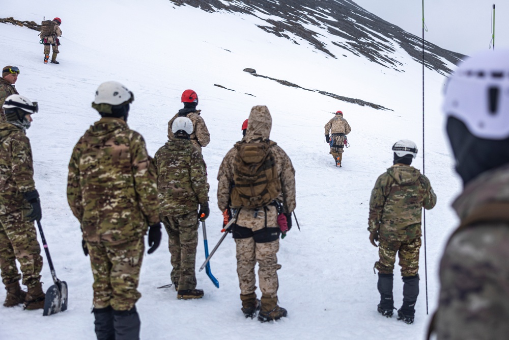 U.S. Marine Corps Mountain Warfare Instructors conduct cold-weather rescue training with Argentine marines