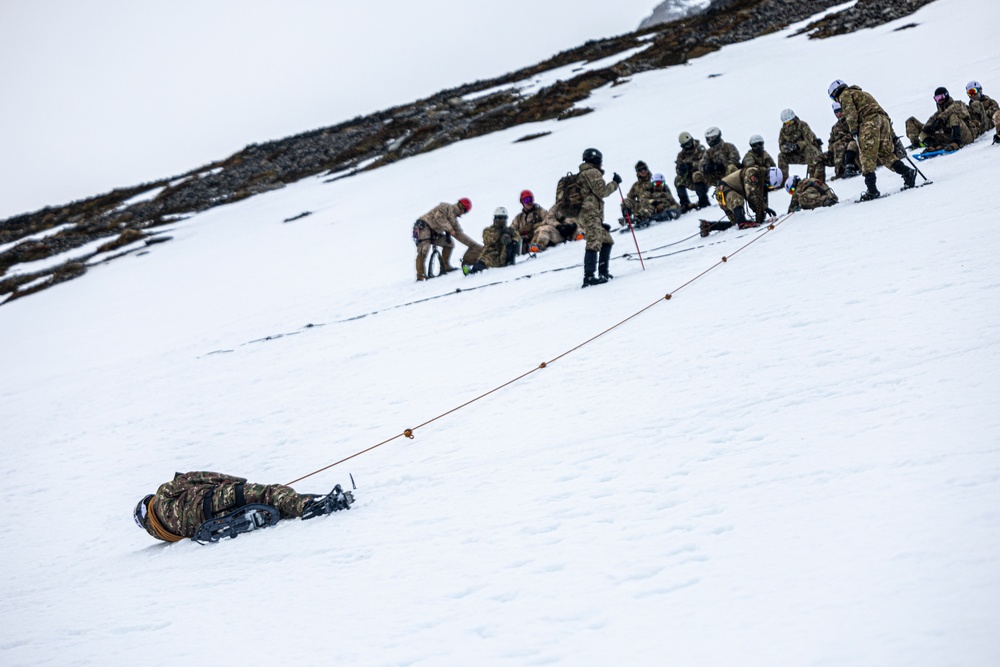 U.S. Marine Corps Mountain Warfare Instructors conduct cold-weather rescue training with Argentine marines