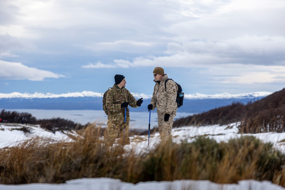 U.S. Marine Corps Mountain Warfare Instructors conduct cold-weather rescue training with Argentine marines