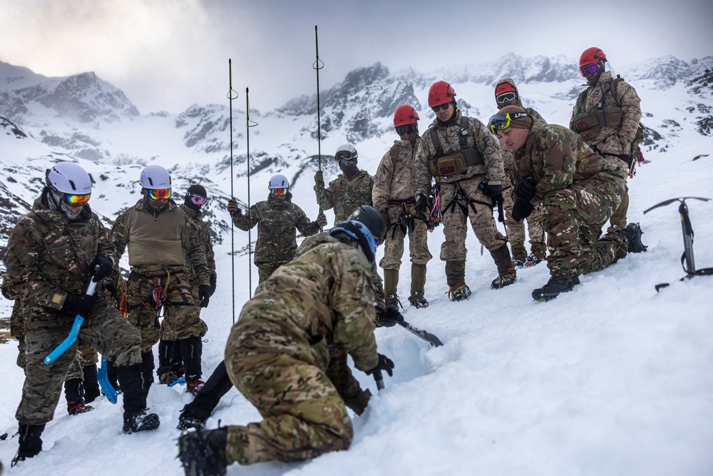 U.S. Marine Corps Mountain Warfare Instructors conduct cold-weather rescue training with Argentine marines