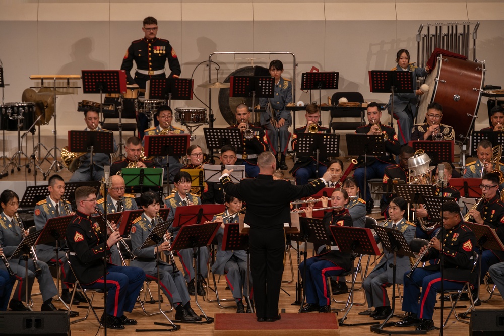 III Marine Expeditionary Force Band, Japan Ground Self-Defense Force’s Band preform at the 27th Annual Combined Band Concert