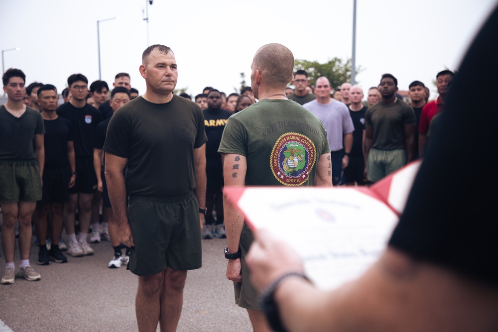 MARFORK Marines conduct joint and bilateral physical training with USFK, UNC and Republic of Korea Marine Corps senior enlisted leadership