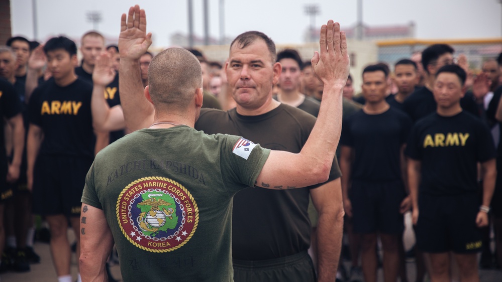 MARFORK Marines conduct joint and bilateral physical training with USFK, UNC and Republic of Korea Marine Corps senior enlisted leadership