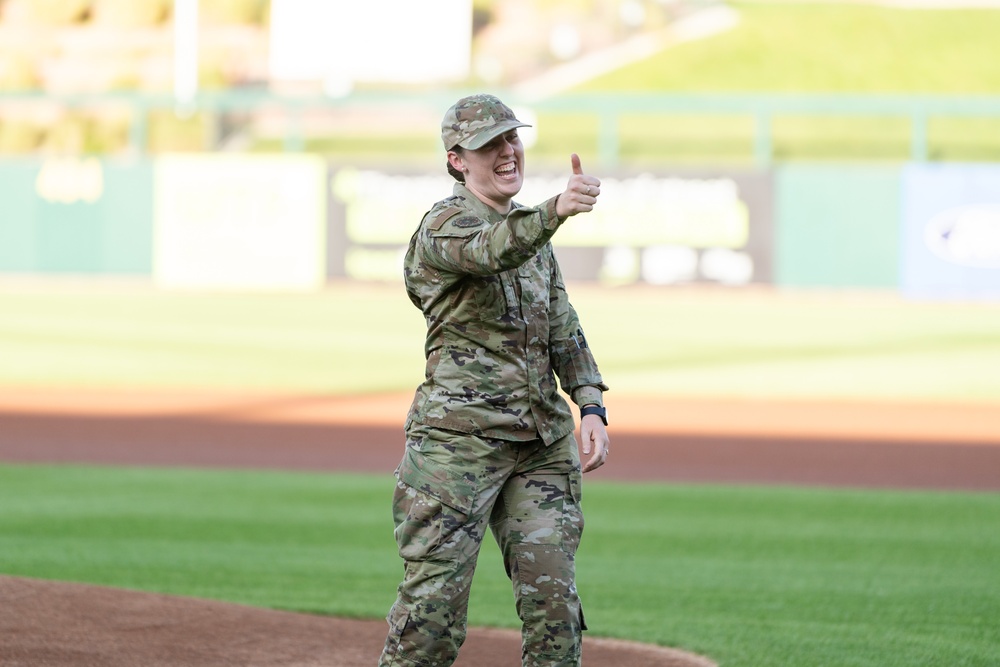 SrA Rachel Heath, one of the U.S. Air Force's 12 Outstanding Airmen of the Year, had the honor of throwing the first pitch at the Albuquerque Isotopes baseball game on Sept 11.