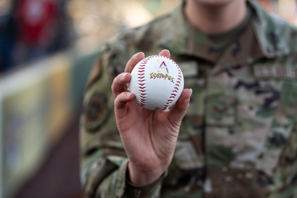 Airman of the Year, SrA Rachel Heath, throws the first pitch at Isotopes on Sept 11