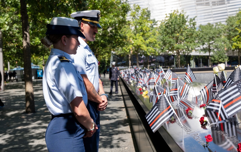 Coast Guard Members Lay Flowers During 9/11 Observance at Ground Zero