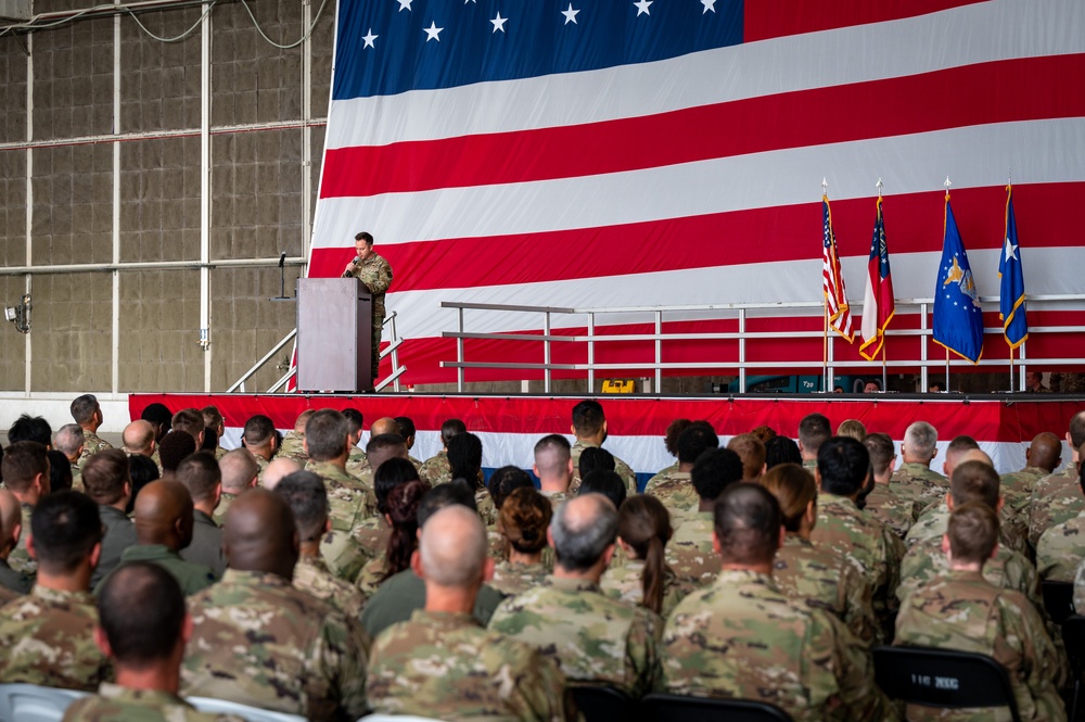 Photo of Georgia Air National Guard leadership holding all call for 116th Air Control Wing Airmen