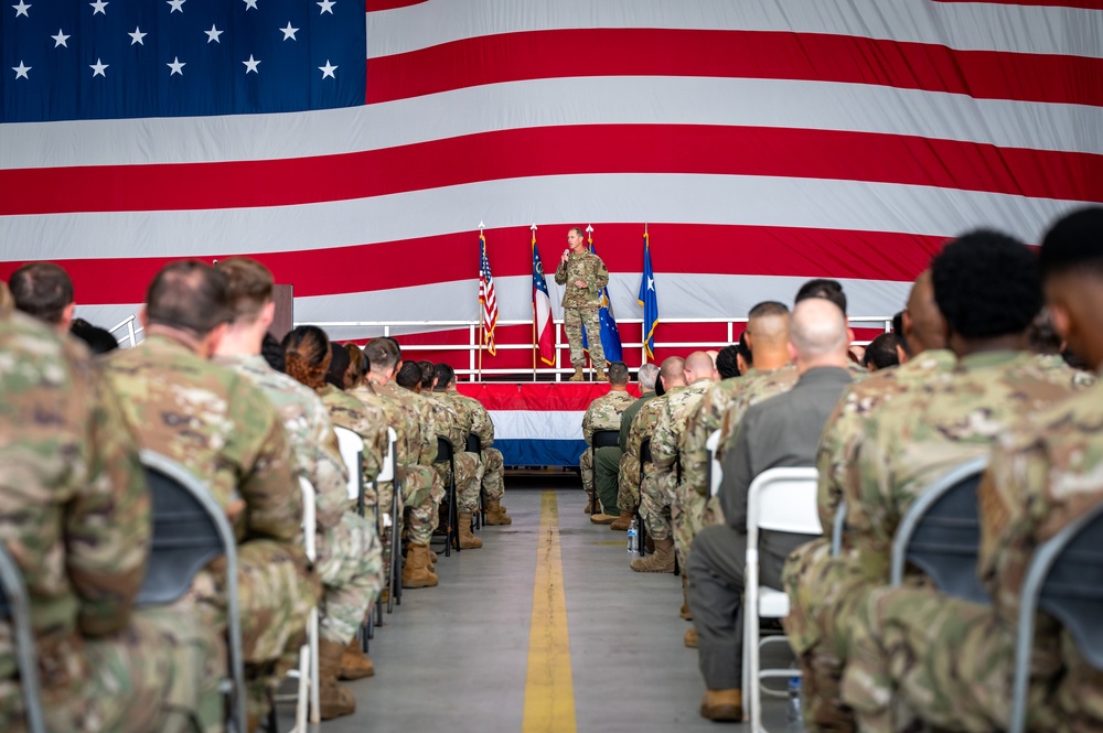 Photo of Georgia Air National Guard leadership holding all call for 116th Air Control Wing Airmen