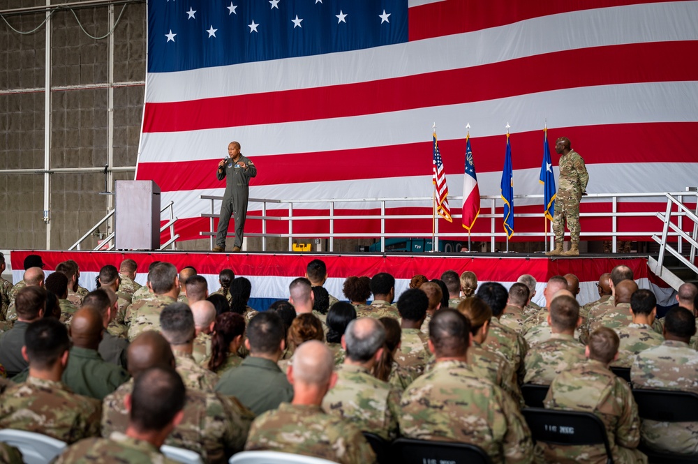 Photo of Georgia Air National Guard leadership holding all call for 116th Air Control Wing Airmen