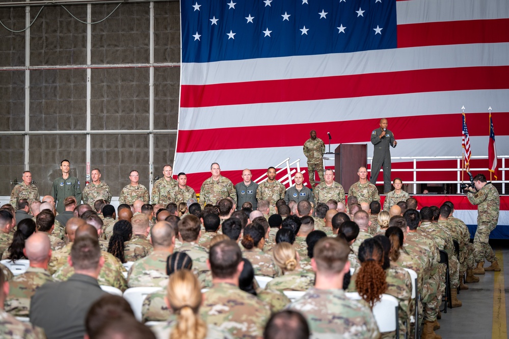 Photo of Georgia Air National Guard leadership holding all call for 116th Air Control Wing Airmen