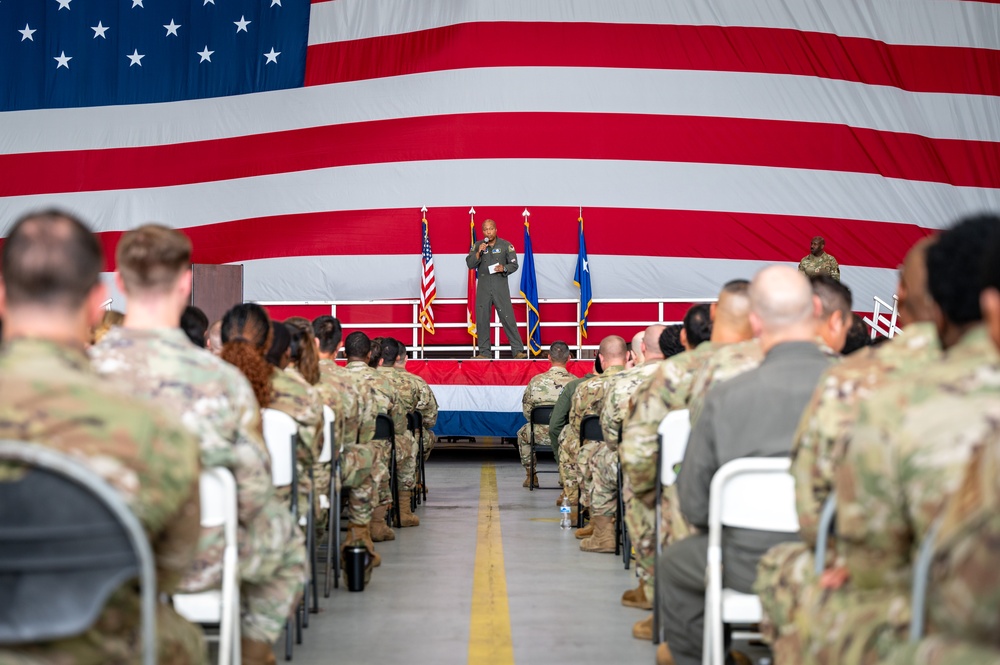 Photo of Georgia Air National Guard leadership holding all call for 116th Air Control Wing Airmen