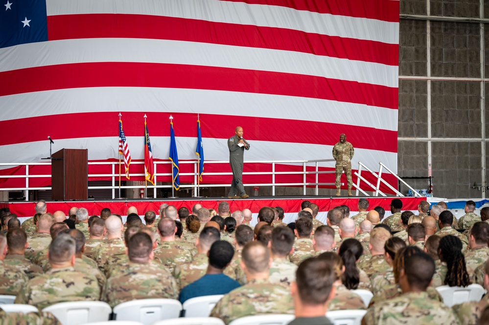 Photo of Georgia Air National Guard leadership holding all call for 116th Air Control Wing Airmen