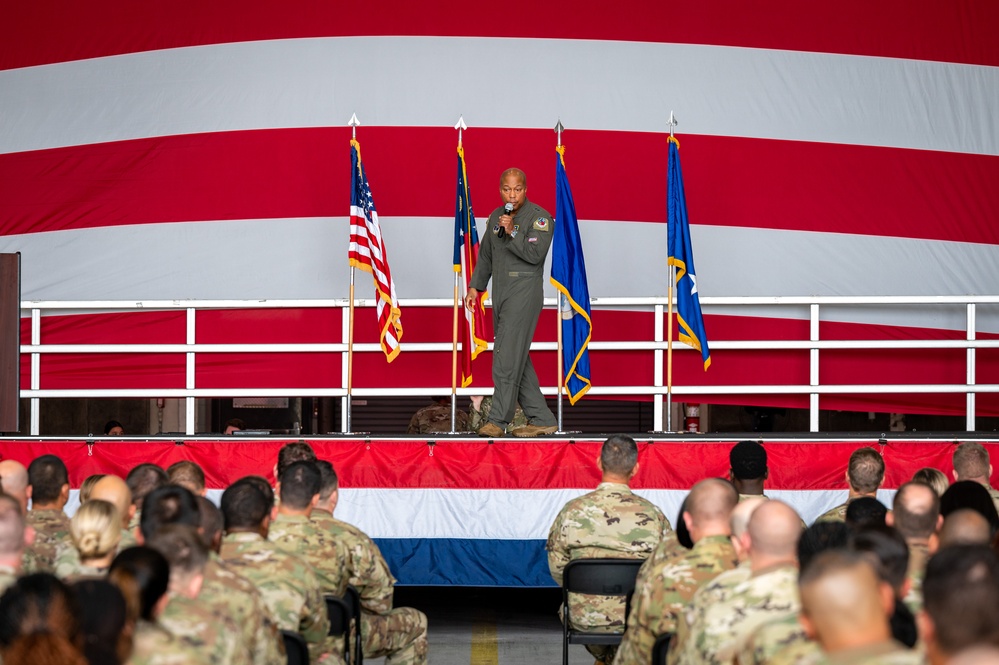 Photo of Georgia Air National Guard leadership holding all call for 116th Air Control Wing Airmen