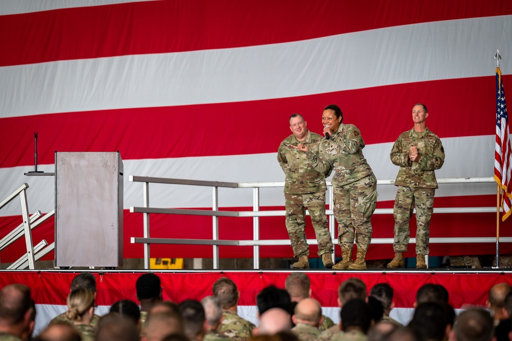 Photo of Georgia Air National Guard leadership holding all call for 116th Air Control Wing Airmen