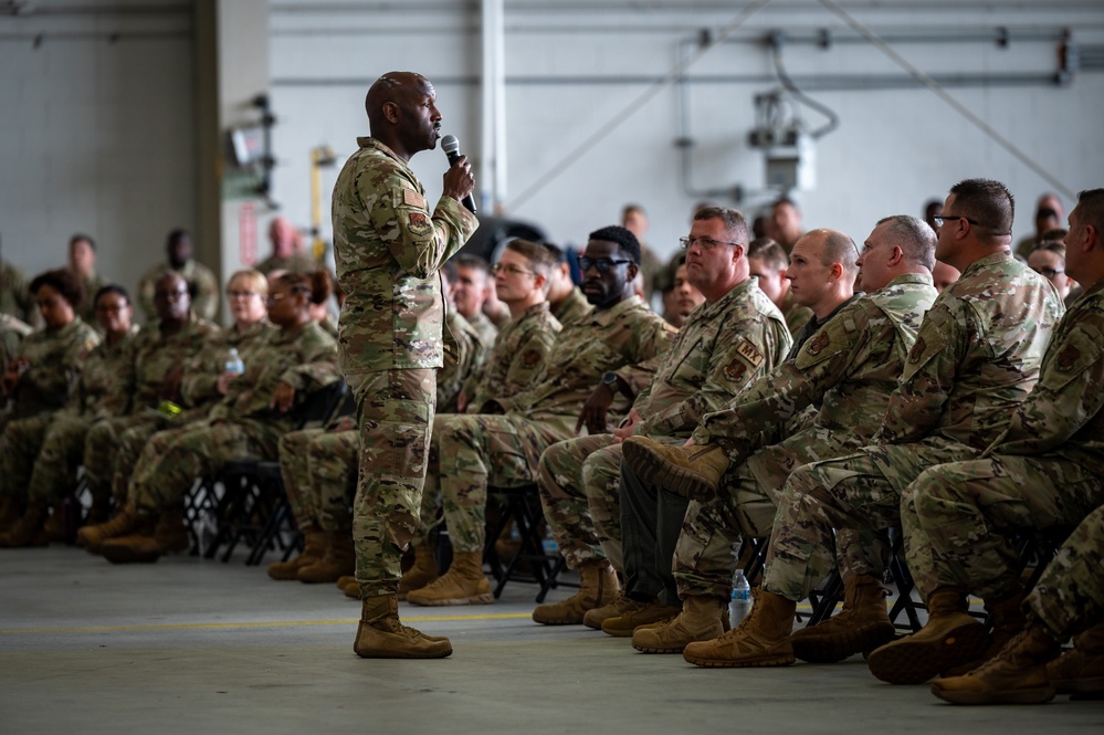 Photo of Georgia Air National Guard leadership holding all call for 116th Air Control Wing Airmen