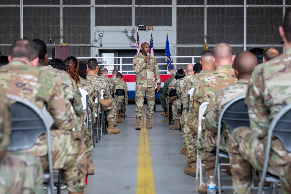 Photo of Georgia Air National Guard leadership holding all call for 116th Air Control Wing Airmen