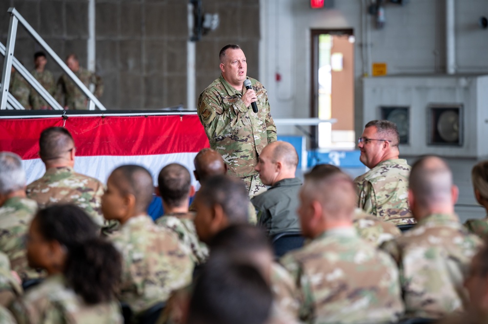 Photo of Georgia Air National Guard leadership holding all call for 116th Air Control Wing Airmen