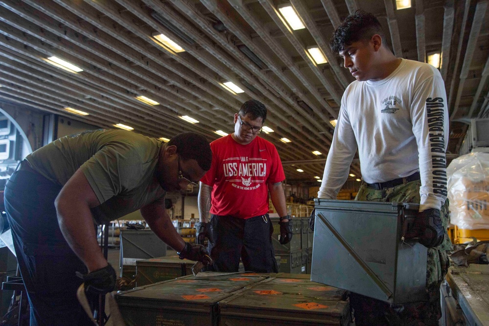 USS America (LHA 6) Conducts Ordnance Handling Evolution