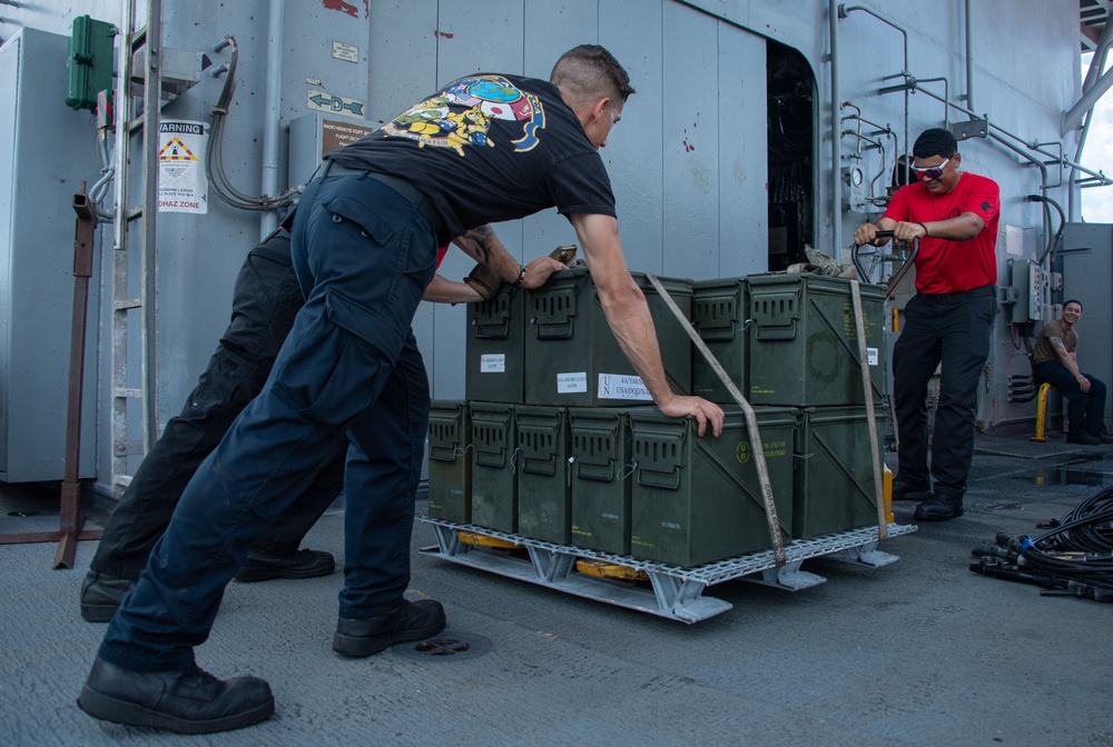 USS America (LHA 6) Conducts Ordnance Handling Evolution