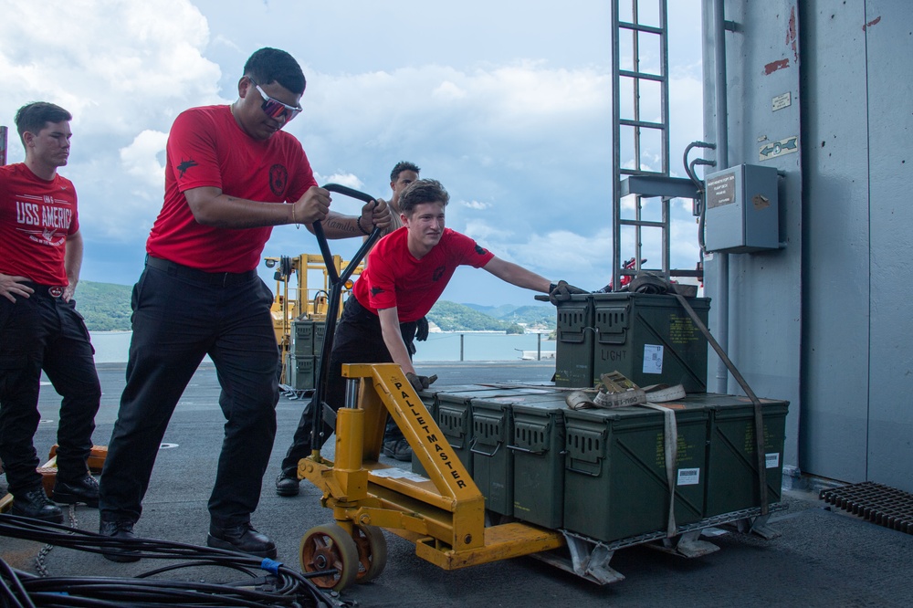 USS America (LHA 6) Conducts Ordnance Handling Evolution