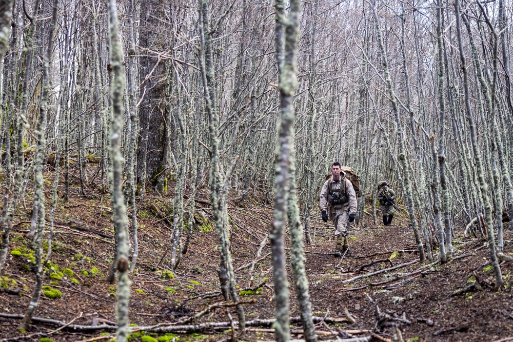 U.S. Marine Corps Mountain Warfare Instructors conduct long-range movement with Argentine marines