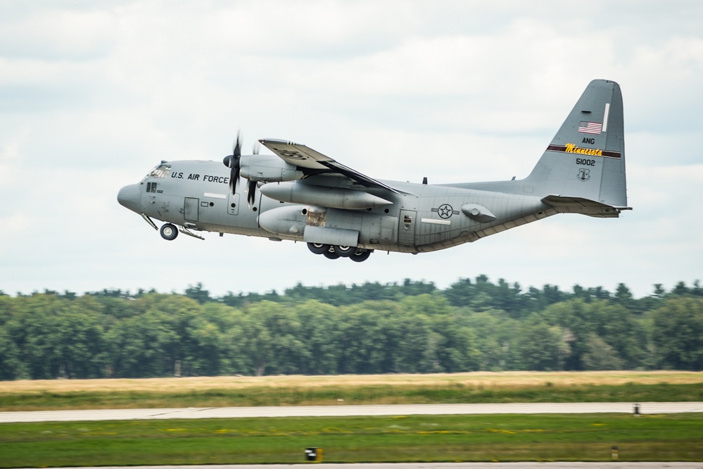 A C-130 assigned to the Minnesota Air National Guard’s 133rd Air Wing takes off from Volk Field, Wis., during AMMO Rodeo 2024.