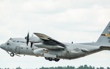 A C-130 assigned to the Minnesota Air National Guard’s 133rd Air Wing takes off from Volk Field, Wis., during AMMO Rodeo 2024.