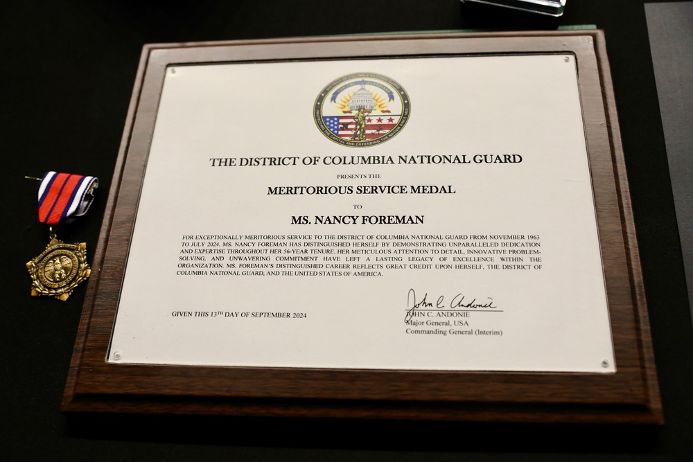 D.C. National Guard Awards Nancy Foreman with Meritorious Service Medal for 56 Years of Service