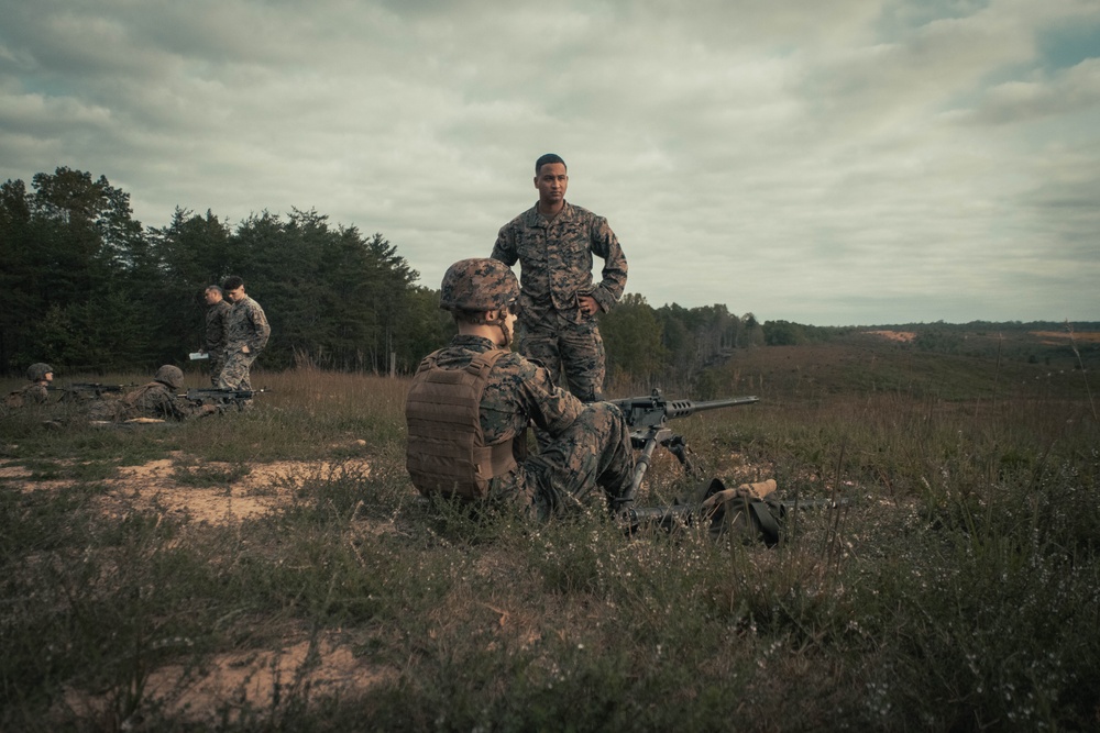 U.S. Marines with Security Battalion, Marine Corps Base Quantico, participate in a machine gun range