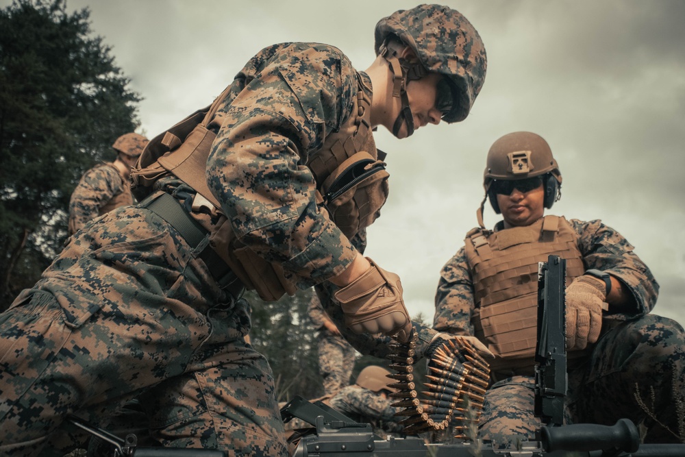 U.S. Marines with Security Battalion, Marine Corps Base Quantico, participate in a machine gun range