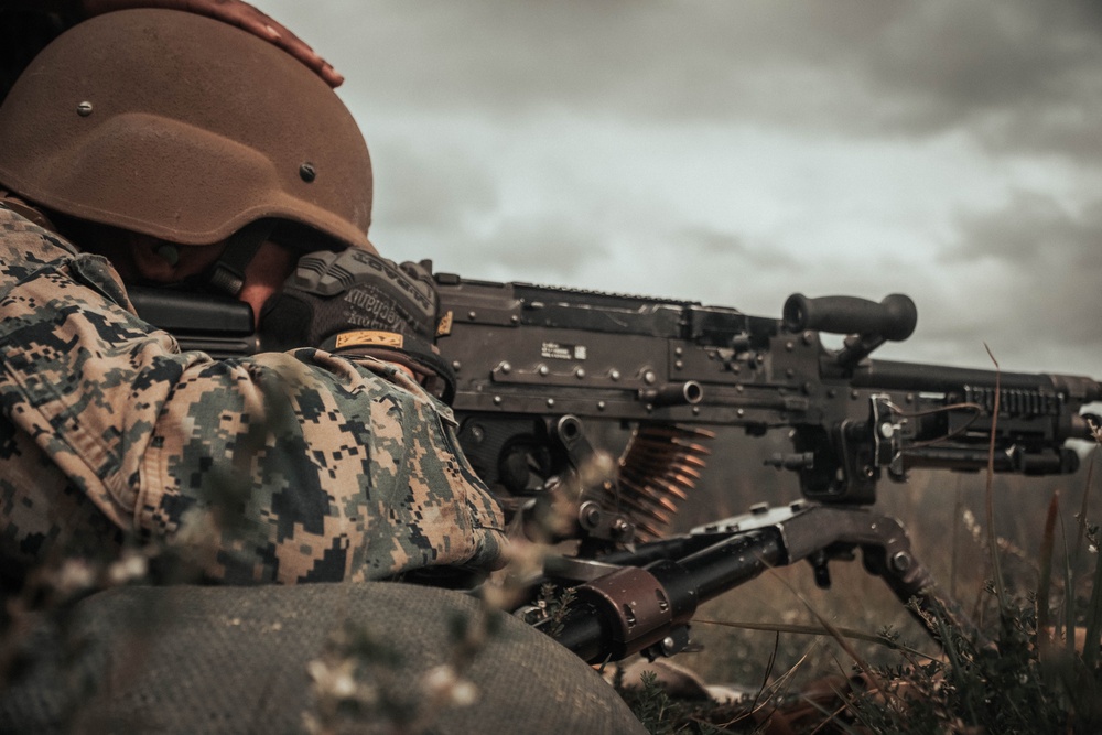 U.S. Marines with Security Battalion, Marine Corps Base Quantico, participate in a machine gun range