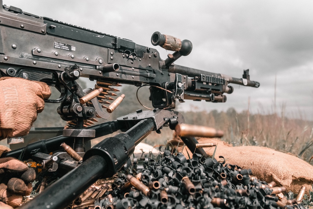 U.S. Marines with Security Battalion, Marine Corps Base Quantico, participate in a machine gun range