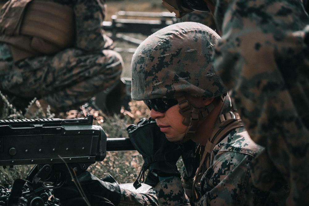 U.S. Marines with Security Battalion, Marine Corps Base Quantico, participate in a machine gun range