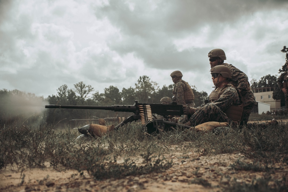 U.S. Marines with Security Battalion, Marine Corps Base Quantico, participate in a machine gun range