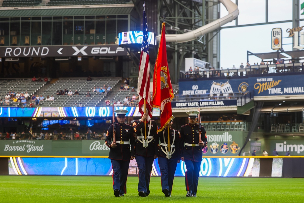 U.S. Marines with Recruiting Station Milwaukee Present Colors at Brewer Game