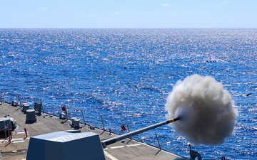 The USS Bulkeley conducts a Pre-Action Calibration Firing Exercise