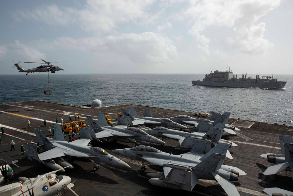 Abraham Lincoln conducts a replenishment-at-sea with Amelia Earhart