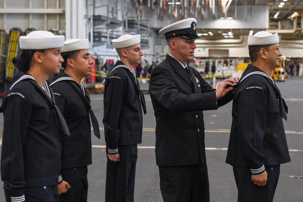 USS Ronald Reagan (CVN 76) Sailors conduct uniform inspections