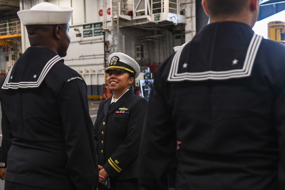 USS Ronald Reagan (CVN 76) Sailors conduct uniform inspections