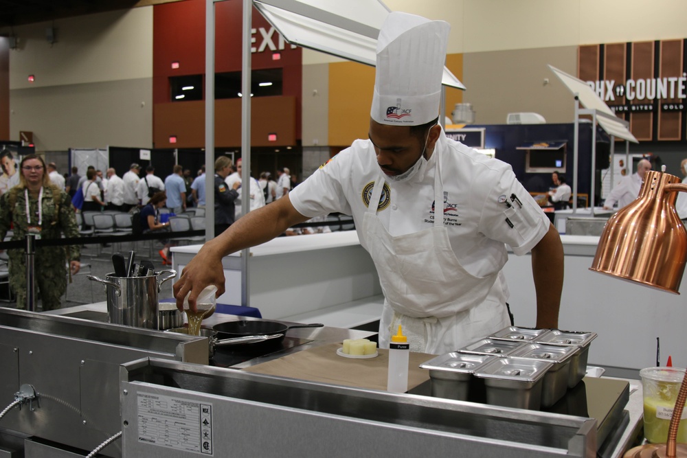 Culinary Specialist 2nd Class Larry Burns competes at the American Culinary Federation (ACF) National Convention in Phoenix, Ariz. on July 16, 2024.