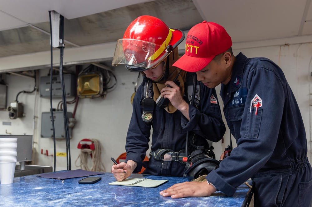 USS Blue Ridge Conducts Fire Fighting Drill