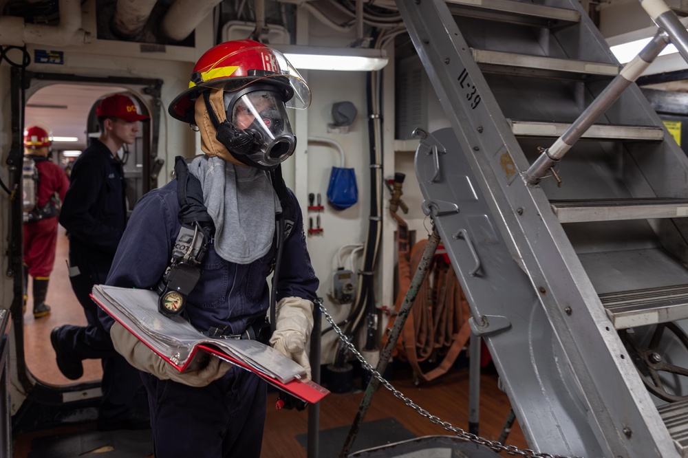 USS Blue Ridge Conducts Fire Fighting Drill