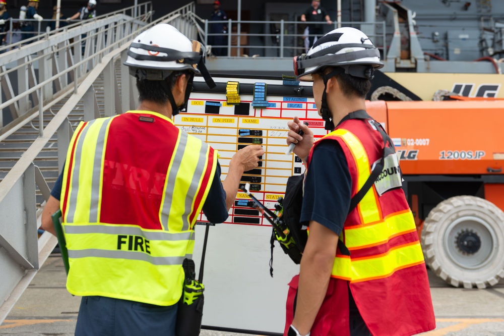 USS Blue Ridge Conducts Fire Fighting Drill