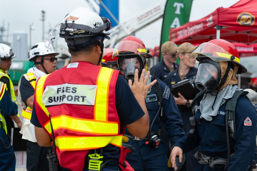 USS Blue Ridge Conducts Fire Fighting Drill