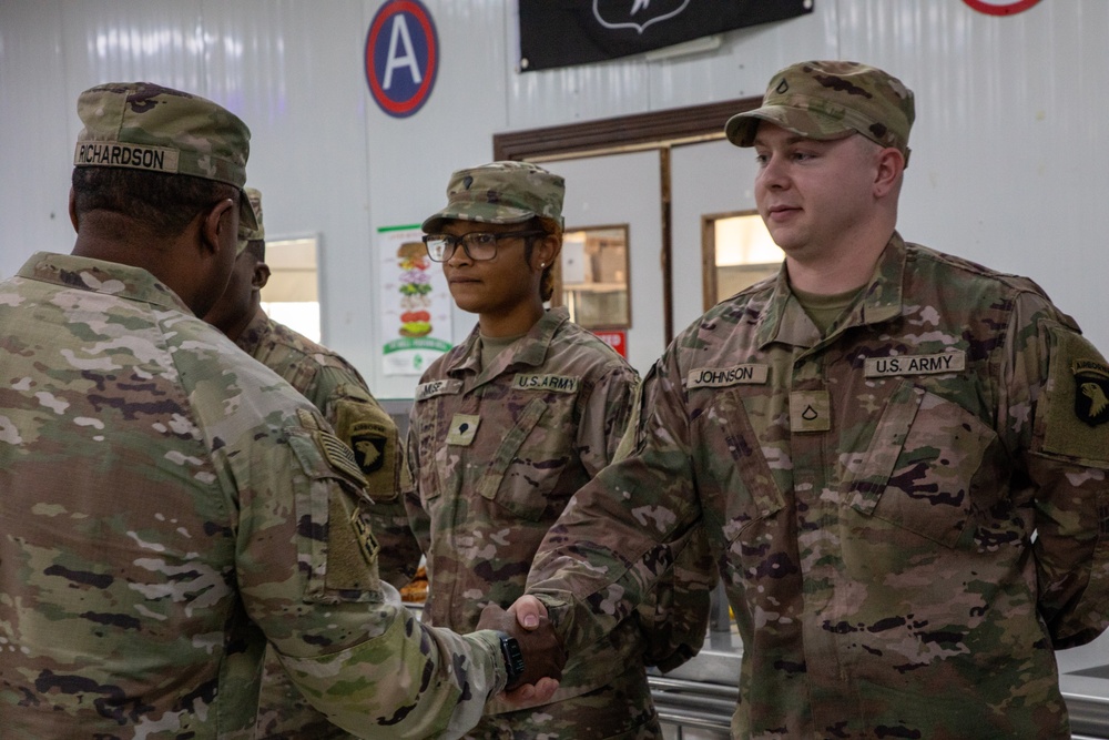 Operation SpartaCSMs Richardson and Trejo recognize Soldiers during battlefield circulation [Photo 4 of 8]n Shield